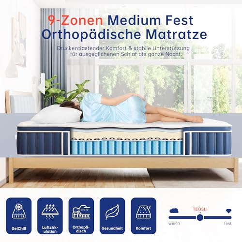 TeQsli Gel Spring Mattress 90 x 200 cm Height 25 cm Gel Memory Foam Pocket Spring Mattress for Pressure Relief, Orthopaedic & Ergonomic 9-Zone Mattress H3, Oeko-Tex & CertiPUR Certified