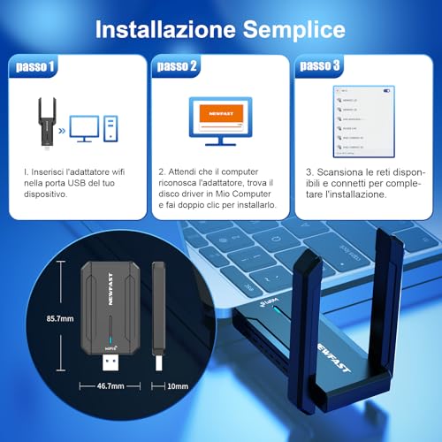NEWFAST 5400Mbps WiFi Stick for Fixed PC, USB WiFi 6E WiFi Antenna USB Tri-Band 6/5/2.4GHz WiFi Stick 6 Supports Windows 11/10, USB3.0, OFDMA, MU-Mimo, WPA3 (NF-U353)