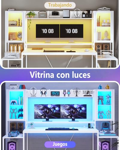 Escritorio gamer 190cm, escritorio para computadora con soporte para monitor, mesa para juegos con luces LED, mesa para PC con cajón y estantes de almacenamiento para dormitorio y sala de estar Blanco