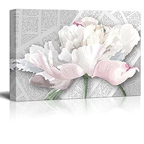 Canvas Wll Art - White Flower Petal on Vintage Newspaper Background - Giclee Print and Stretched Ready to Hang - 12"x18"