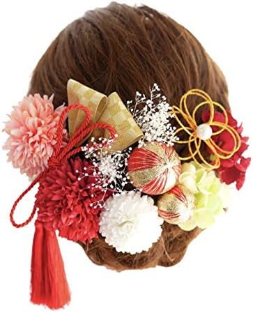 和リボン付きマムと和玉とかすみ草の髪飾り 成人式 着物 振袖 浴衣 卒業式 和装 袴 結婚式 七五三に