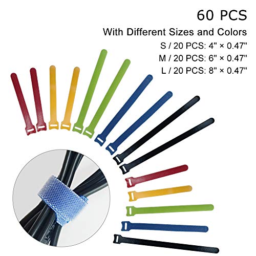 OneLeaf 60 Pcs Reusable Fastening Cable Ties with Hook and Loop, Multi-Purpose Cable Straps Wire Ties Cable Management, Adjustable Fastening Cord Ties for Computer/TV/Electronics, 3 Sizes and 5 Colors