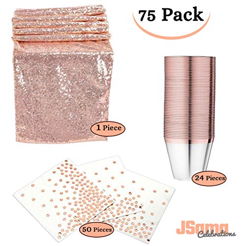 Rose Gold Party Decorations 75 Pack| 50 Pack Rose Gold Napkins + 24 Pack Rose Gold Elegant Rimmed Cups + a Beautiful Rose Gold Table Runner| for Parties, Birthdays, Thanksgiving, Weddings