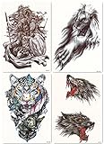 DaLin 4 Sheets Temporary Tattoos for Men Women, War Lion, Wolf, Tiger