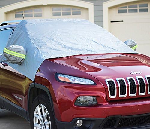 AVOMARR Windshield Sun Shade&amp;Snow Cover with Magnetic &amp; Hooks Fixed and Reflective Warning Bar (Bigger)
