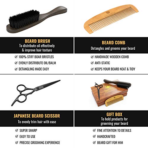 Naturenics Beard Brush, Beard Comb & Beard Scissors Set- 100% Pure Firm Boar Bristles - Best Beard Grooming Kit Works With All Beard Oils & Beard Balms- Helps with Beard Growth, Styling & Conditioning