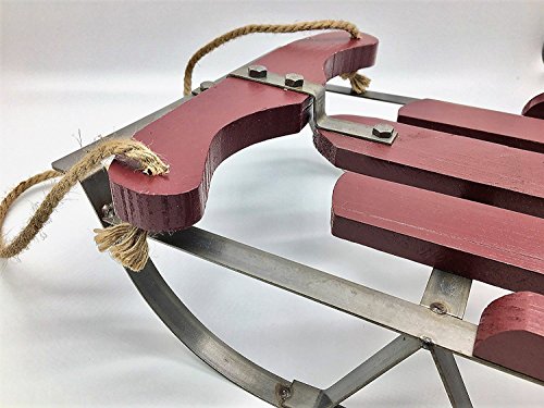 Holiday Old Fashioned Style Red Wood & Iron Sled with Natural Jute Rope Accent (Small)