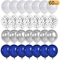 Navy Party Balloons 60 pcs 12 inch-Metallic Sea Blue/Pearl White/Silver Metallic Chrome and Silver Confetti Balloons for Boys Birthday Party Baby Shower Navy Party Decoration