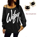 Laimeng, Women Womens Letter Print Loose Sweatshirt Casual Pullover Top + Free Crystal Earrings