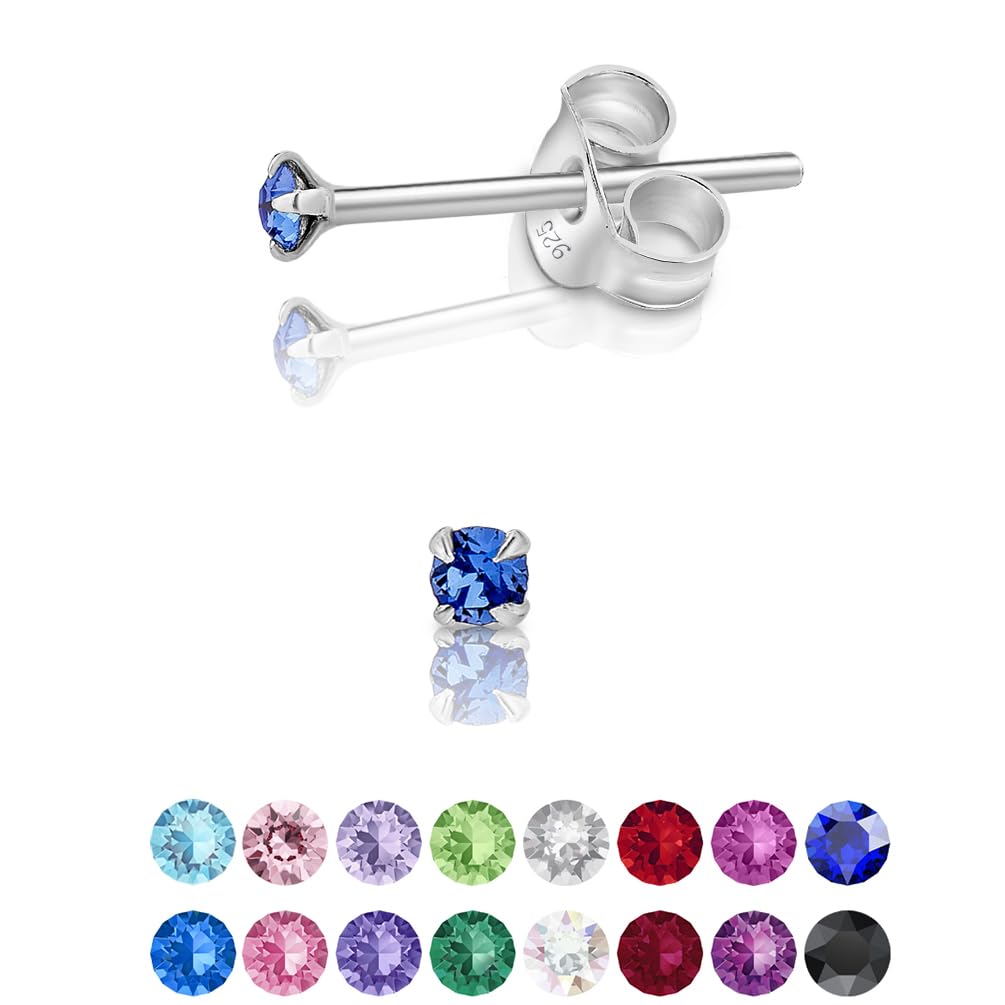 925 Sterling Silver Round Tiny Stud Earrings made with Glittering Crystals - Small Silver Studs Earrings for Woman - Diameter: 2 mm - Colour : Blue Sapphire