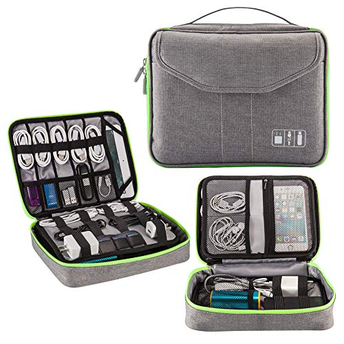 Electronics Organizer,Electronic Accessories Double Layer Travel Cable Organizer Cord Storage Bag for Cables, iPad (Up to 11''),Power Bank, USB Flash Drive and More-(Gray)
