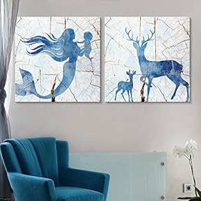 2 Panel Square Canvas Wall Art - Mermaid Deer Wood Effect Canvas - Giclee Print Gallery Wrap Modern Home Art Ready to Hang - 12"x12" x 2 Panels
