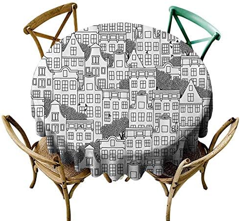 W Machine Sky Christmas Tablecloth Apartment Decor,Modern Illustration of Dutch Style European Houses Buildings Busy Urban Life Sketch,Black White Diameter 70" Microfiber Round Tablecloth