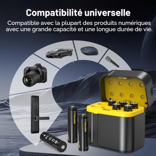 Piles AA Lithium Rechargeables 1.5V 3700mWh Haute Capacité 8-Pack avec Chargeur, Adaptées aux appareils Photo numériques, pour Le Sport et à l'extérieur, jusqu'à 2000+ Cycles