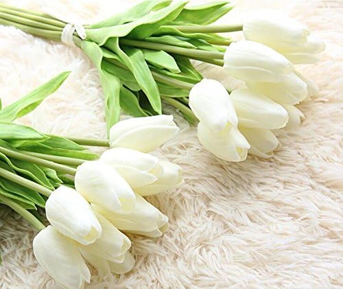 Julvie Fake Flowers Lifelike Artificial Tulip PU Flowers Wedding Home Decoration,Pack of 30 (10, White)