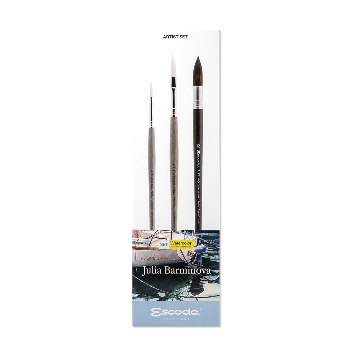 ESCODA Set 3 Watercolor Brushes - N.6 Round Pointed, N.1/4" Dagger Striper, N.12 Round Mop Synthetic Hair Set Julia Barminova Ultimo Perla Series Professional Artists Handmade in Barcelona.