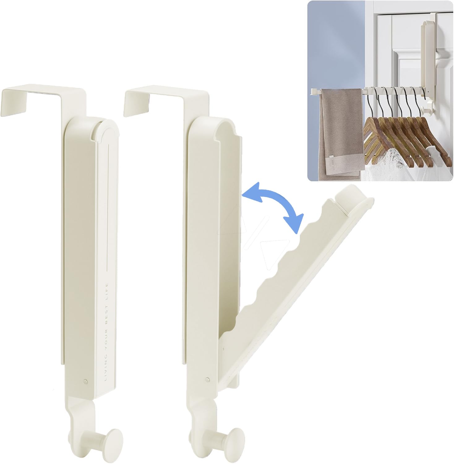 2PCS Foldable Over Door Hanger, Retractable Wall Hooks Over The Door Hook with 6 Groves, No Drilling Coat Door Hook to Save More Space, Behind Back door for Hang Clothes,Towels,Hats, Bag (Off White)