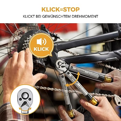 Torque Wrench Bicycle 5-25 Nm, VIGRUE Torque Wrench 1/4 Inch, ±4% Accuracy, Torque Wrench Set with Ratchet, Extension Rod, Universal Joint, Spark Plug Sleeve, Bits for Motorcycle, Car