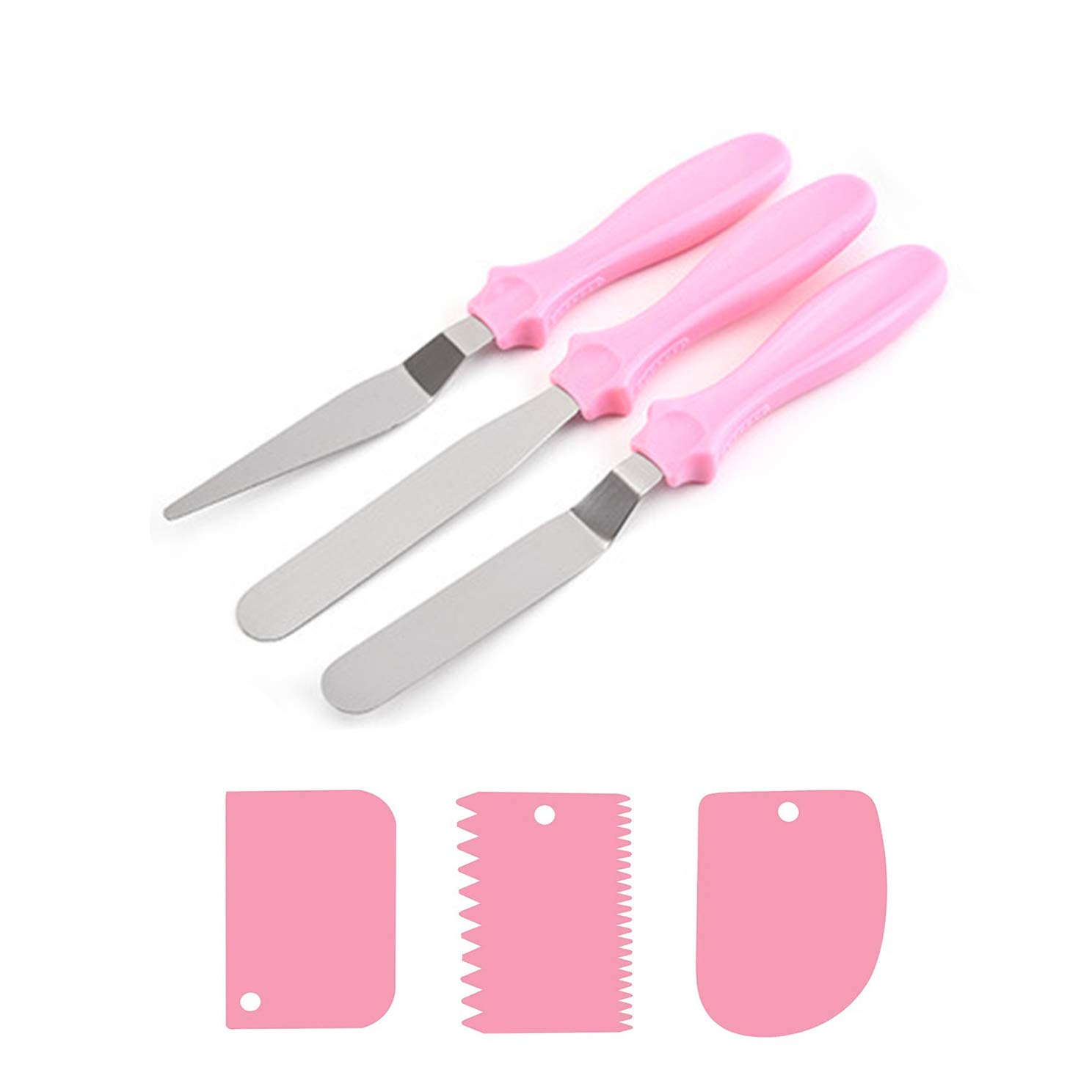 TSHAOUN Icing Spatulas Set 3 Pcs Stainless Steel Spatulas with 3 Pcs Plastic Cake Scrapers for Cream Spreading Cake Decorating, Frosting Pastries, Cupcake (Pink)