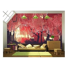 Night Scene of Autumn Forest,Fantasy Landscape Painting - Removable Wall Mural | Self-Adhesive Large Wallpaper - 66x96 inches