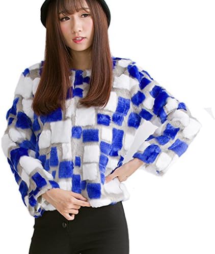 LOCOMO Women Color Check Patchwork Faux Rabbit Fur Hair Jacket FFJ023BLU