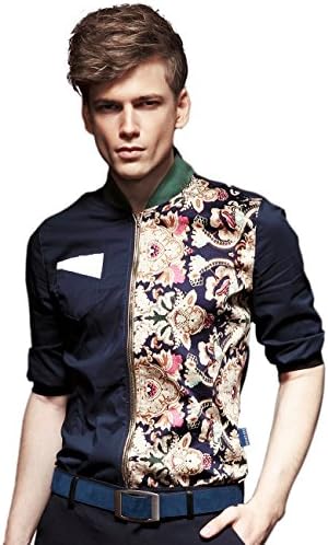 FANZHUAN 3/4 Sleeve Shirt Floral Men Mandarin Collar Printed Zip Slim Fit Casual