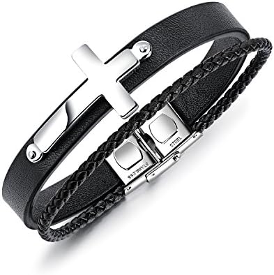 Elcer genuine Leather Stainless Steel Bracelet Double layer Cross Christian Cuff Bangle Fold Over Jesus Clasp for Mens