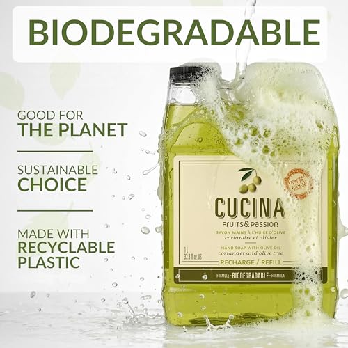 Cucina Fruits & Passion Hand Soap Refill, Coriander & Olive Tree – 1 L (33.8 fl oz) – Olive Oil Enriched, Biodegradable Formula, Kitchen Hand Soap