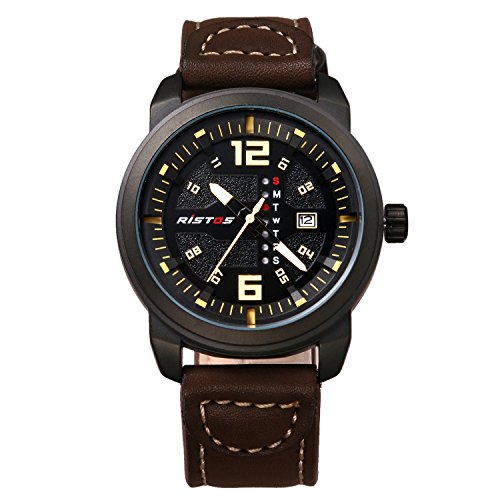 Men's Military Japan Quartz 3ATM Waterproof Lumilous Hands Week Calendar Large Face Leather Watch (Black Dial)