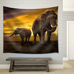 Elephants Family on Sunset - Fabric Wall Tapestry Home Decor - 51x60 inches