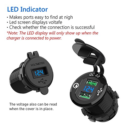 HiGoing 12V/24V Marine USB Outlet, Waterproof QC3.0 Dual USB Charger Socket with Voltage LED Digital Display for Car Boat Motorcycle Mobile (Upgraded with QC3.0) - Thumbnail 4