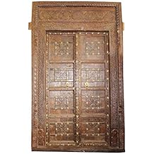 Mogul Interior Antique Huge Indian Carved Door Teak Wood Solid Wooden Door & Frame Brass Iron Beautiful Design