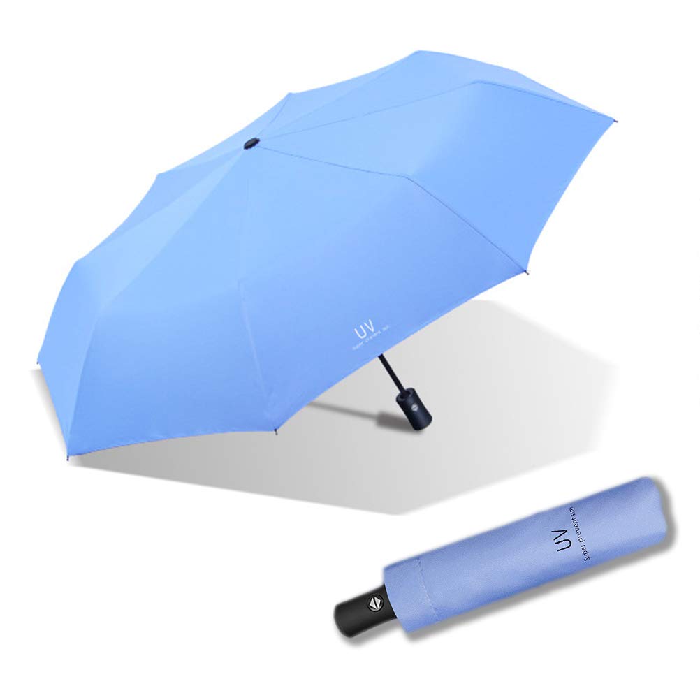 Maibar Sun Umbrella UV Protection SPF 50 Travel Folding Automatic Mini Umbrellas for Women Handbag Size Travel Parasol (Light Blue)