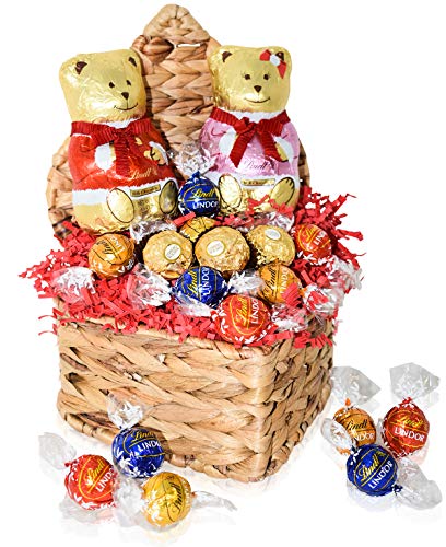 Valentine’s Day Gift Basket – Chocolate Gifts for Him and Her – Large Bears and Truffles – HEART SHAPED BASKET for Wife, Husband, Couples, Friends, Men and Women