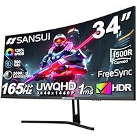 SANSUI 34-Inch Curved Gaming Monitor UWQHD 3440 x 1440 Up to 165Hz Curved 1500R - PIP/PBP, 1ms(MPRT), HDR, 300nits, sRGB 125%, DCI-P3 95%,FreeSync,HDMIx2,DP1.4 x2 (DP Cable Included)