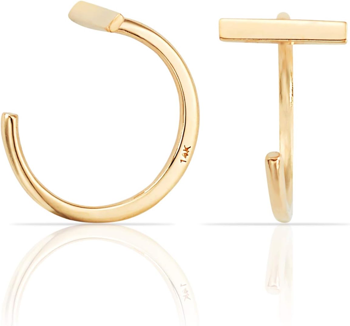 Simple Mini Bar Slip On Huggie Cuff Earrings In Solid 14K Yellow Gold- Hoops Cuff Earring Fine Authentic Earrings For Women, Girls Teen And Kids