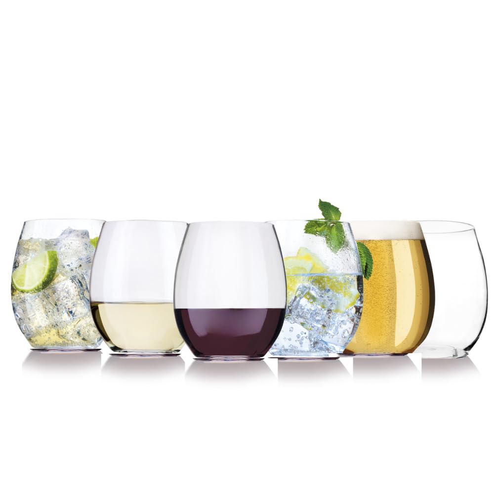 AIOS Set of 6 Tritan BPA Free Unbreakable Stemless Wine Glasses. Capacity 390ml/12oz