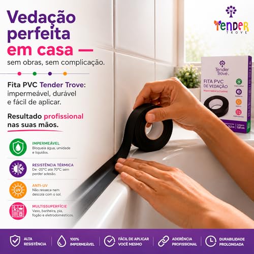 Tender Trove Fita Vedacao PVC Preta Para Banheiro Cozinha e Eletrodomesticos, Impermeavel Prova Dagua, Veda Frestas e Impede Insetos, 3,8cm x 3,2m (1)