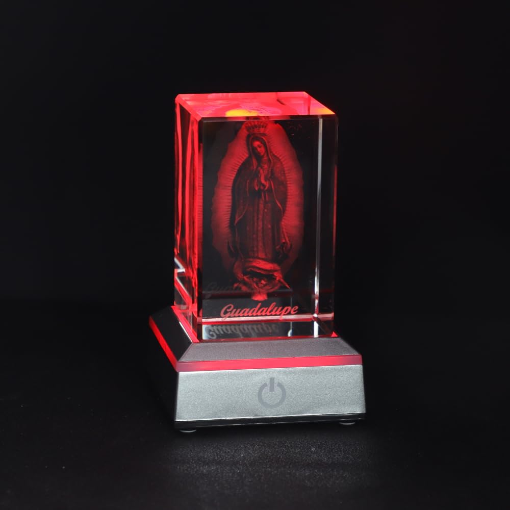 KOMI 3D Crystal Statues Decorations Religious Gifts for Women Laser Etched Crystal Our Lady of Guadalupe Glass Statues with Colorful LED Light Base