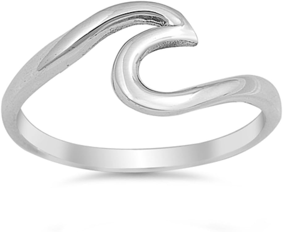 925 Sterling Silver Wave Design Band Ring (Sizes 2-15, Color Options)