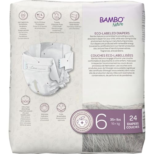 BAMBO NATURE PREMIUM ECO-FRIENDLY BABY DIAPERS, SIZE 6 (35+ LBS), 24 COUNT
