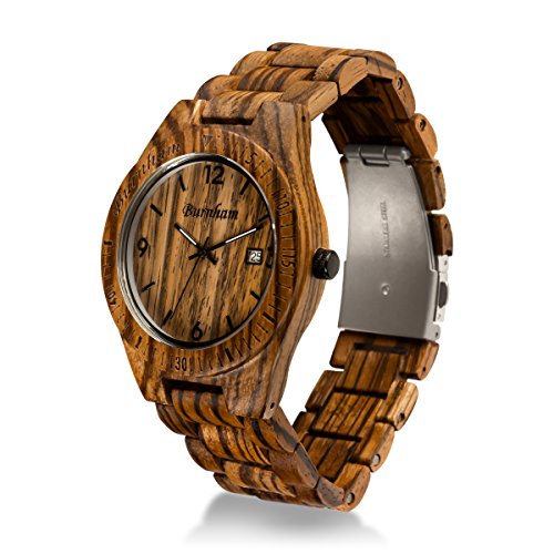 Burnham Wooden Watch - ARG001 Stylish Mens Wood Watches [Solid Natural Wood Grain] Upgraded Swiss Quartz Movement and Date [Easy set and adjust wood watch strap] Fine Crystal Face And Stainless Clasp