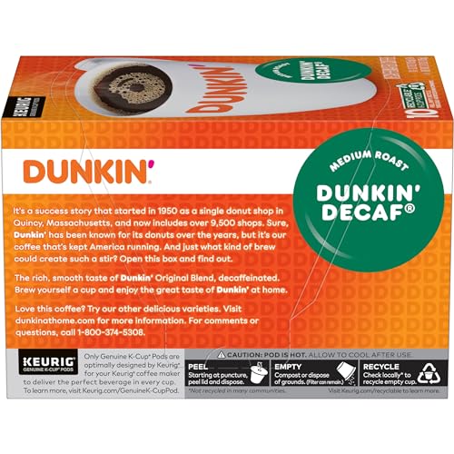 DUNKIN’ DECAF MEDIUM ROAST COFFEE, 10 KEURIG K-CUP PODS