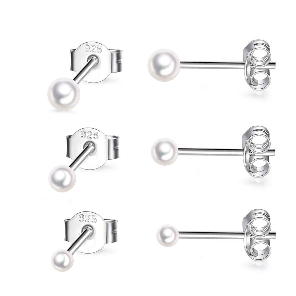 CERSLIMO 3 Pairs Sterling Silver Stud Earrings Tiny Pearl Stud Earrings for Women Set Cartilage Small Tragus Earrings for Sensitive Ears(2mm,3mm,4mm)