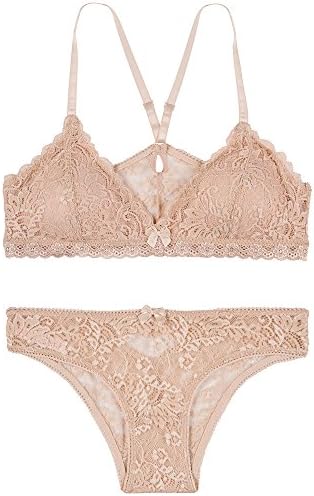 Urban People Unlined Plunge Pullover Style X Back Straps Wireless Lace Bralette and Pantie(Match Set) (30B-32A, Skn, XS)