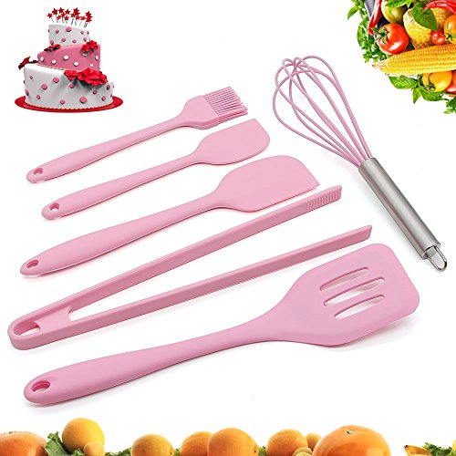 Silicone Pink Kitchen Utensil Set 6 Piece Cooking Utensils Accessories - 2 Sizes Spatula, Tongs, Whisk, Pastry Brush, Slotted Turner - Heat Resistant Baking Supplies