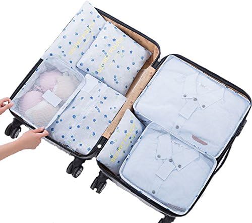 7 Set Waterproof Packing Cube - 3 Travel Cubes + 3 Pouches + 1 Shoe Bag (Blue Floral)