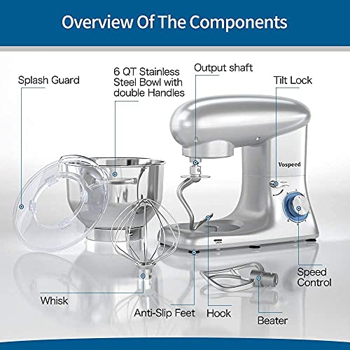 Vospeed Stand Mixer, 6Speed TiltHead, 660W Kitchen Electric Mixer