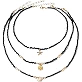 NOVYRA Layered Starfish Beaded Necklace For Women Boho Rainbow Rice Beads Necklace Adjustable Beaded Star Pendant Collarbone Chain Summer Beach Vacation Jewelry For Women