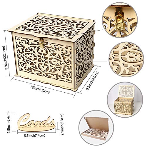 dezirZJjx Wooden Cards Box, DIY Wedding Gift Cards Box Party Decoration Hollow Case Holder with Lock - Thumbnail 5